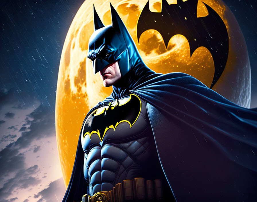 Brooding Batman in iconic suit under full moon