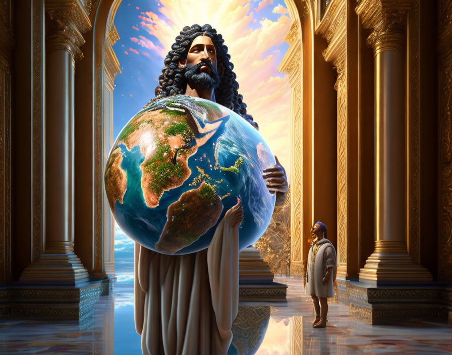 Towering figure with long hair and beard holds Earth in grand hall