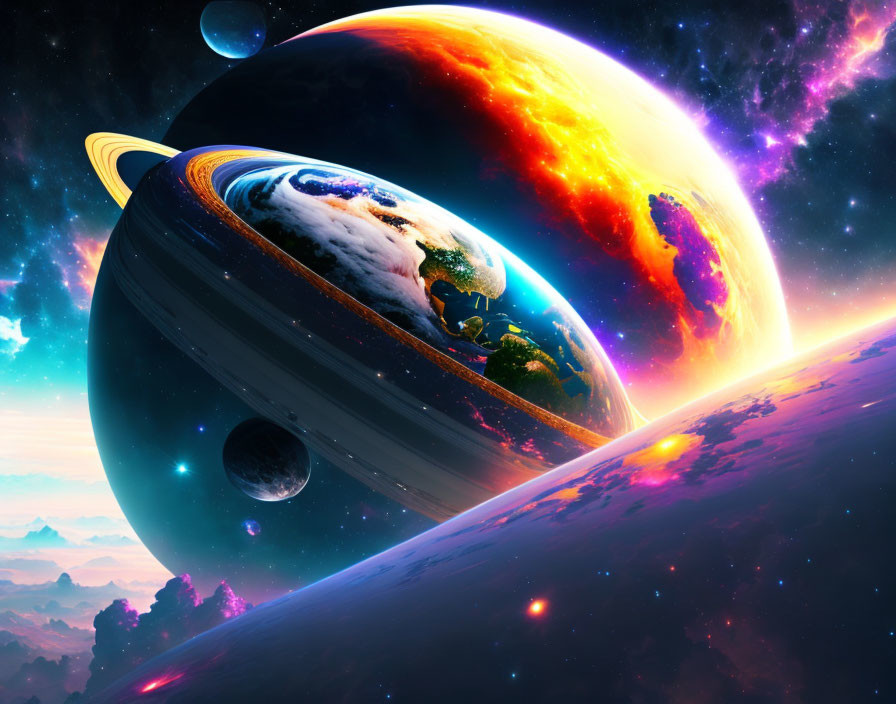 Colorful surreal space scene with exoplanets and nebulas