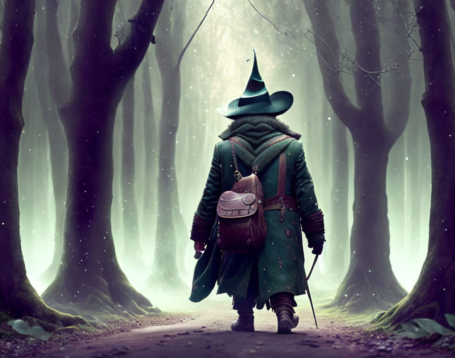 Mysterious cloaked figure in pointed hat walking through misty forest