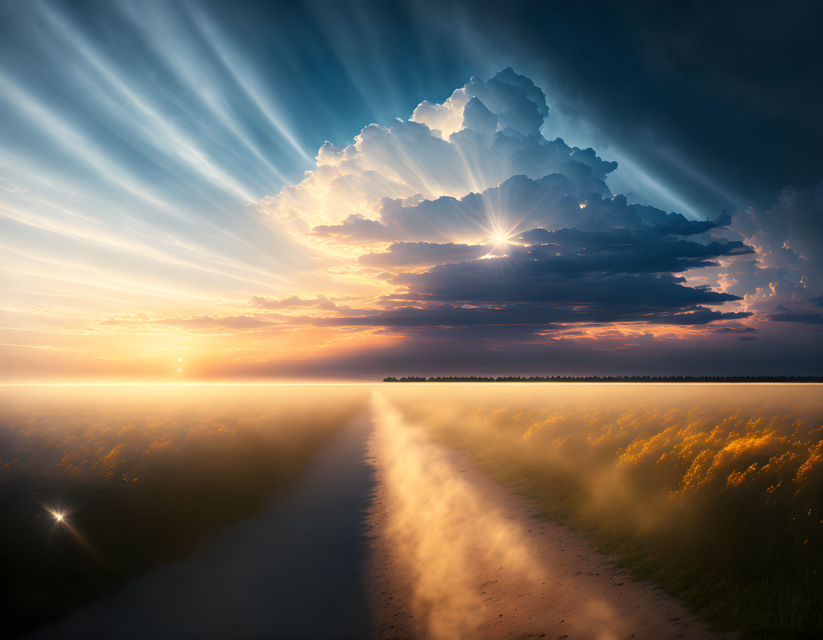 Dramatic Sunset Sky with Sunbeams over Blooming Fields