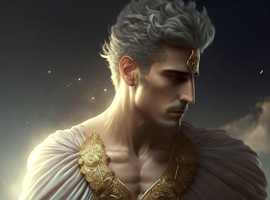 Stylized man with gray hair in golden crown and armor on soft glowing background