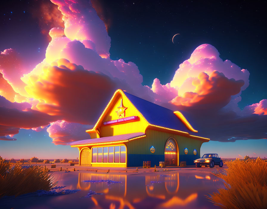 Vibrant digital art: Roadside diner at sunset with moon, clouds, water reflections, old