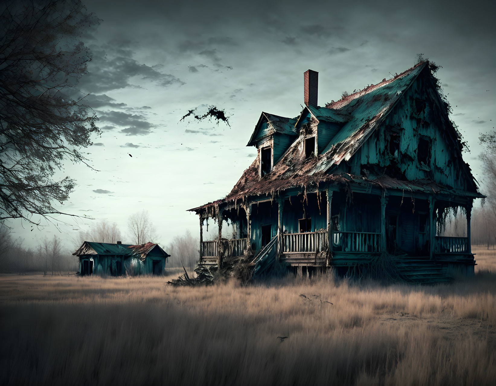 Abandoned dilapidated house in desolate field under gloomy sky