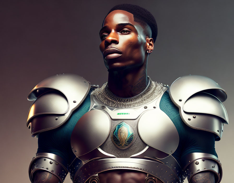 Futuristic armored person with metallic shoulder pads and chest piece on neutral background