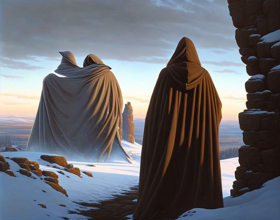 Snowy landscape with two robed figures at sunset