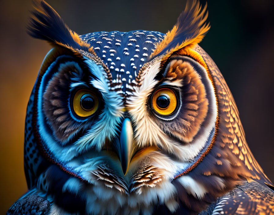 Vivid colorful owl with orange eyes and intricate feathers on blurred background