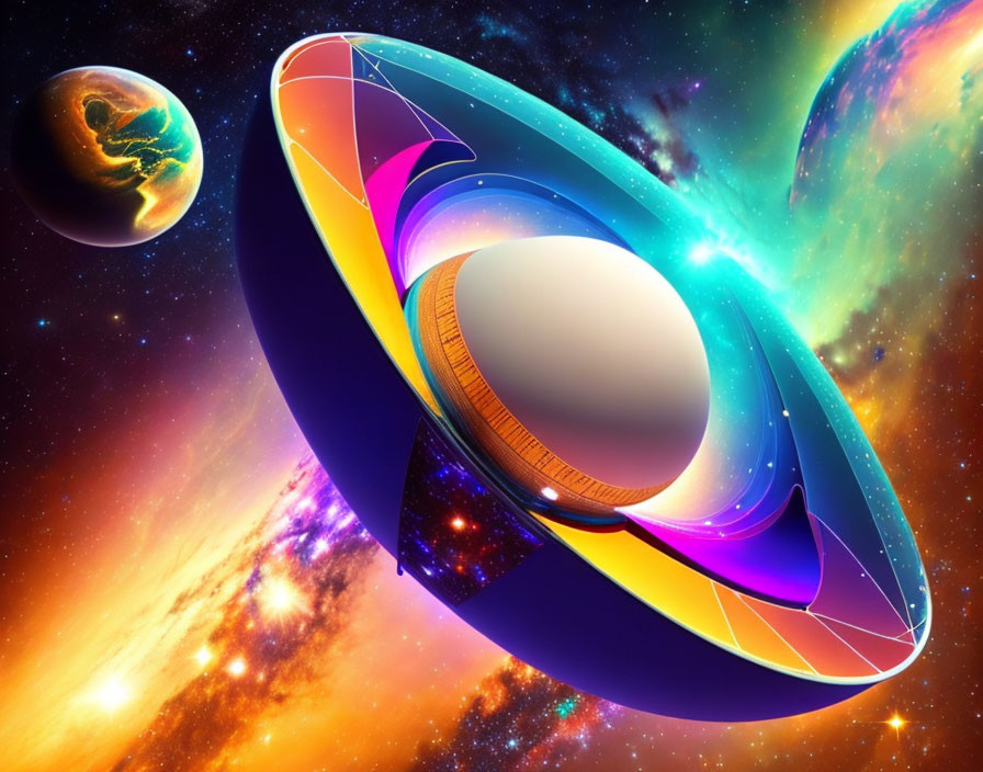 Vibrant surreal artwork: futuristic spacecraft near Earth in cosmic scene