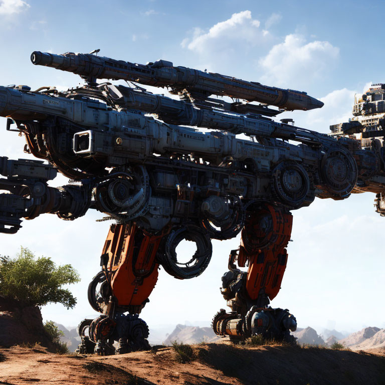 Gigantic futuristic robotic walker in desert landscape