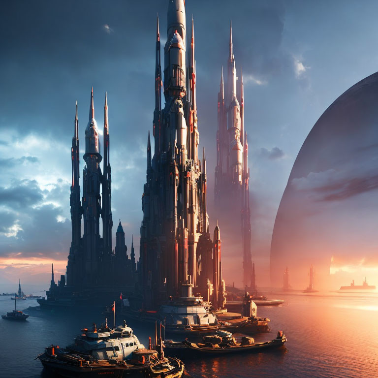 Futuristic cityscape with skyscrapers, ships, and planet at sunset