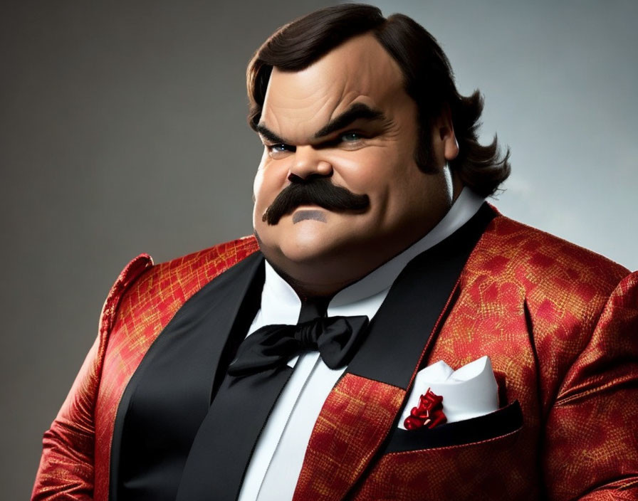 3D animated character in red suit with large mustache