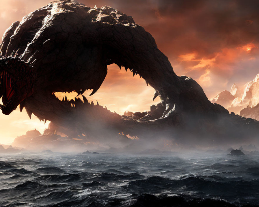 Gigantic Dragon Over Turbulent Ocean Waters