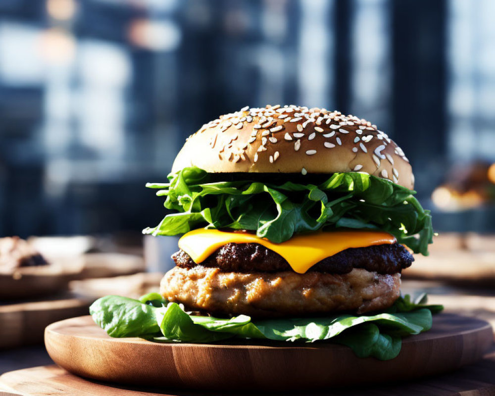 Sesame bun cheeseburger with lettuce on wooden board