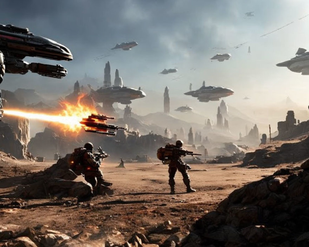 Futuristic battlefield scene with soldiers, hovercrafts, explosions, and rocky terrain