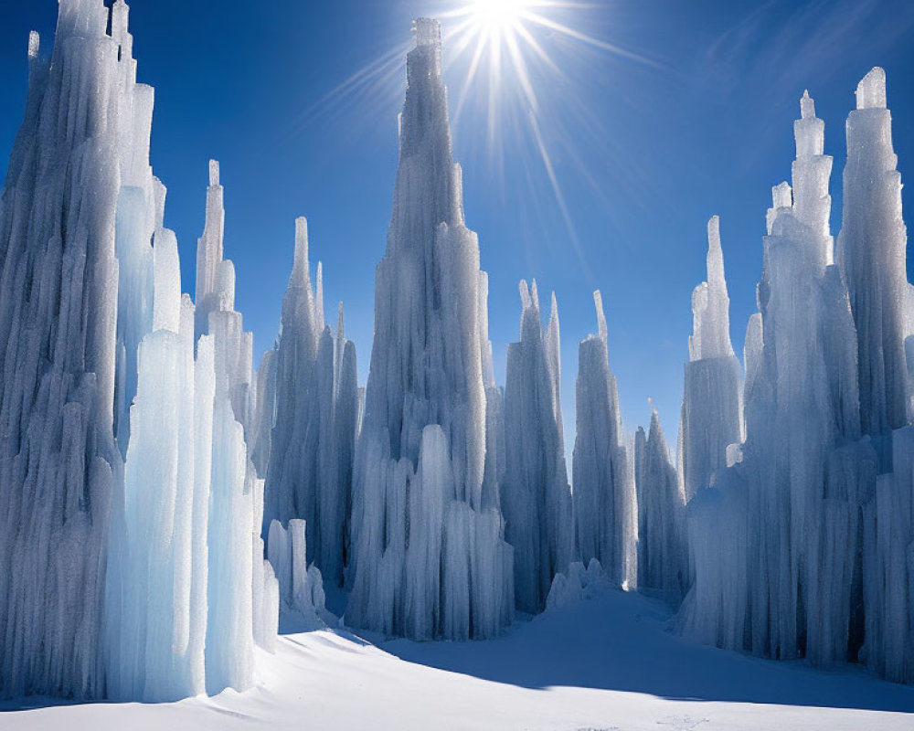 Sunburst illuminates towering ice formations in snow-covered landscape