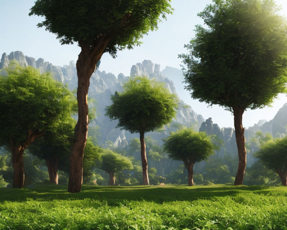 Scenic green meadow with trees, sky, and mountains