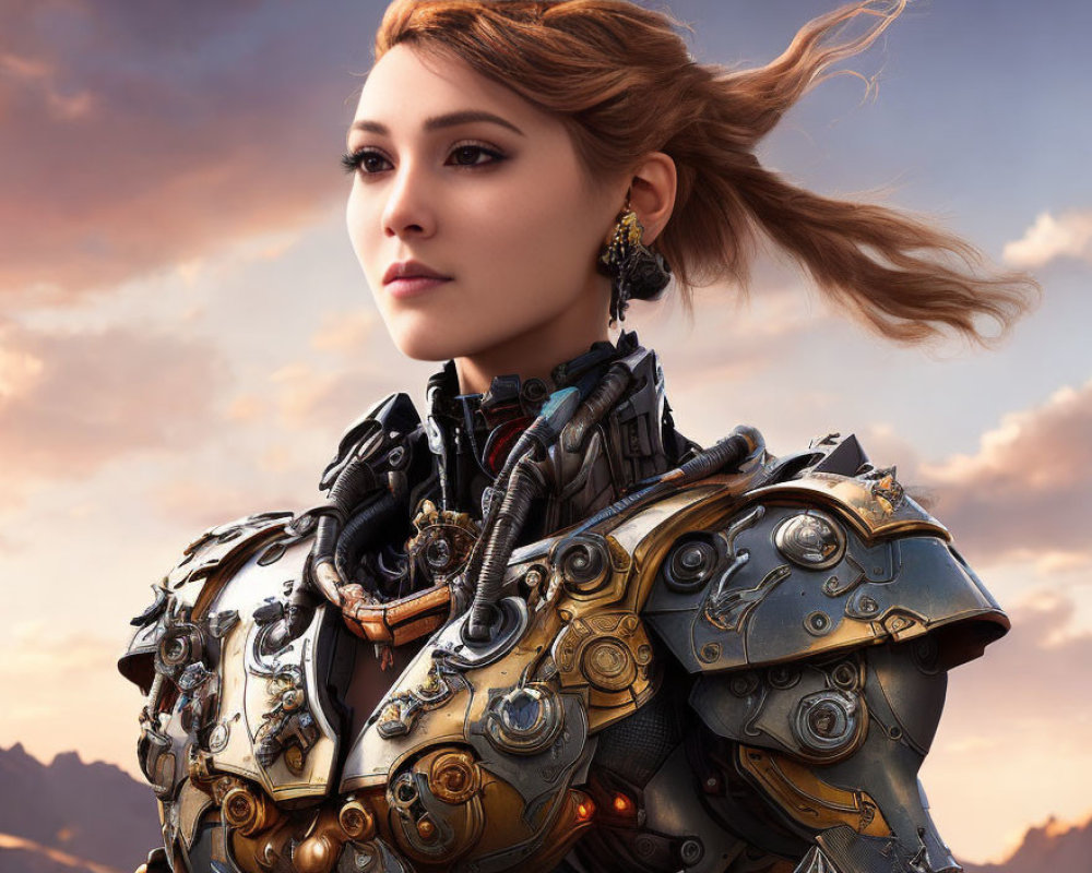 Woman in futuristic armor with flowing hair under twilight sky.