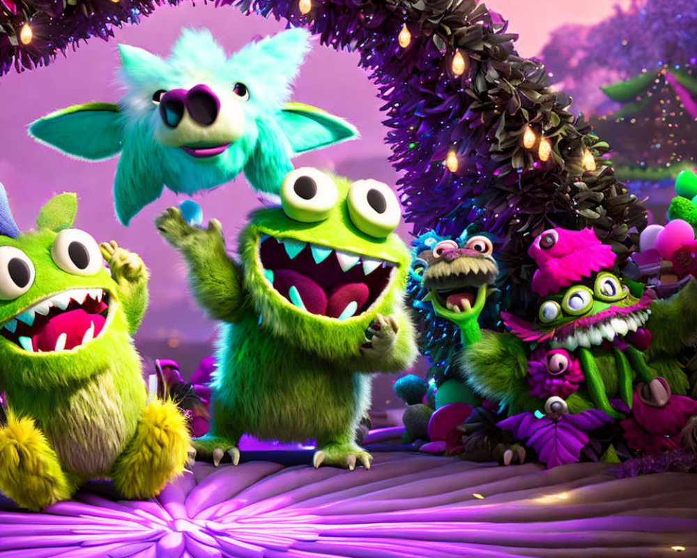 Vibrant animated monsters singing and dancing in whimsical setting