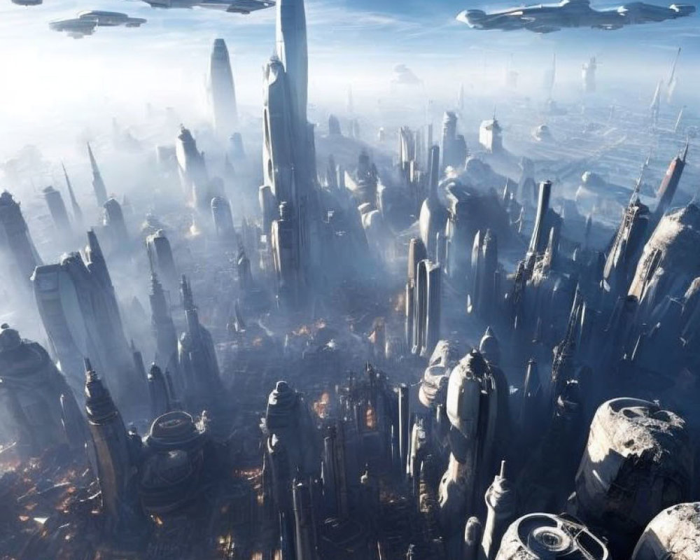 Futuristic cityscape with skyscrapers, flying vehicles, and hazy sunlight