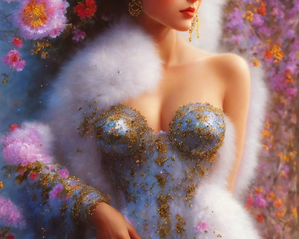 Elegant Lady in Blue Dress with Gold Glitters and White Fur Cape