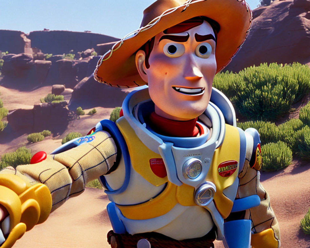 Smiling cowboy toy shaking hands with space ranger toy in desert landscape