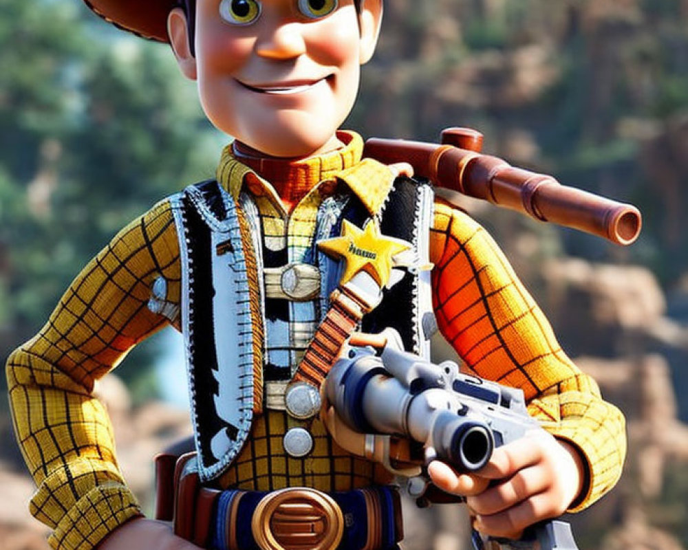 Smiling Animated Cowboy Character with Toy Gun and Sheriff Badge