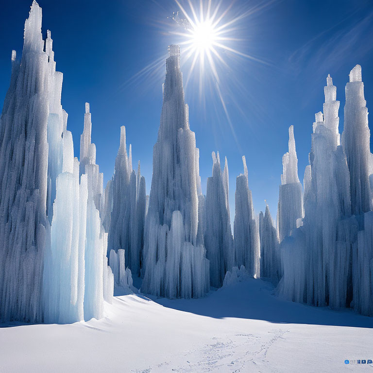 Sunburst illuminates towering ice formations in snow-covered landscape