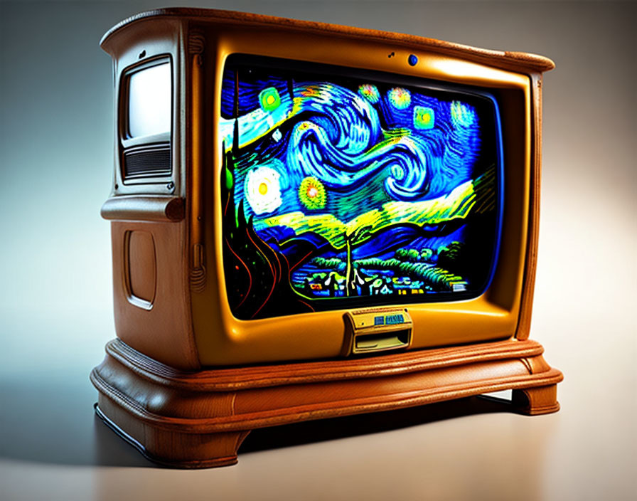 Vintage Television Displays Van Gogh's Starry Night Painting on Wooden Stand