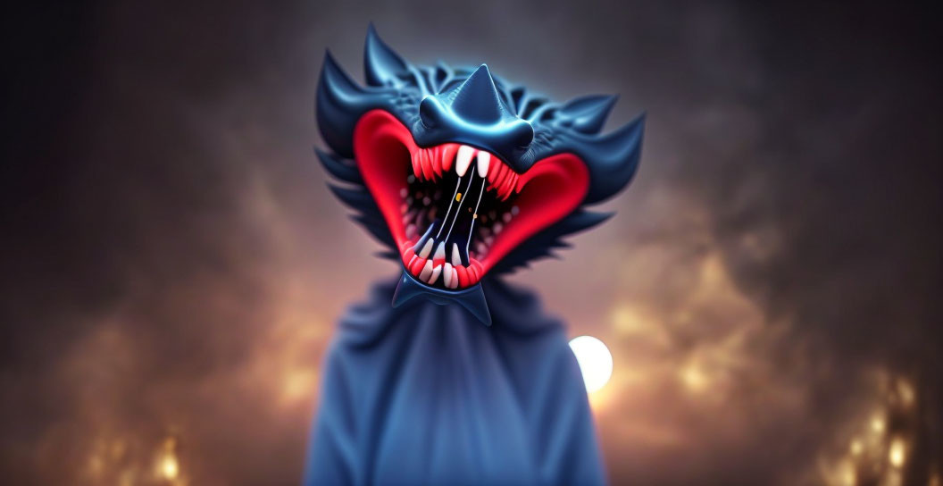 Stylized blue creature with sharp teeth on dark background.