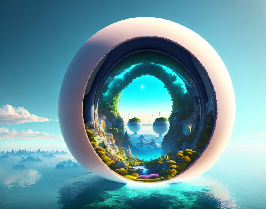 Circular surreal frame of fantastical landscape with floating spheres, islands, azure sky.