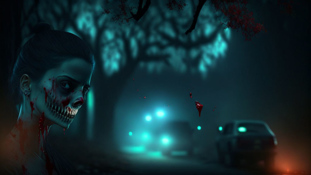 Half-Skulled Zombie Woman in Dark Forest with Red Particles and Headlight Cars