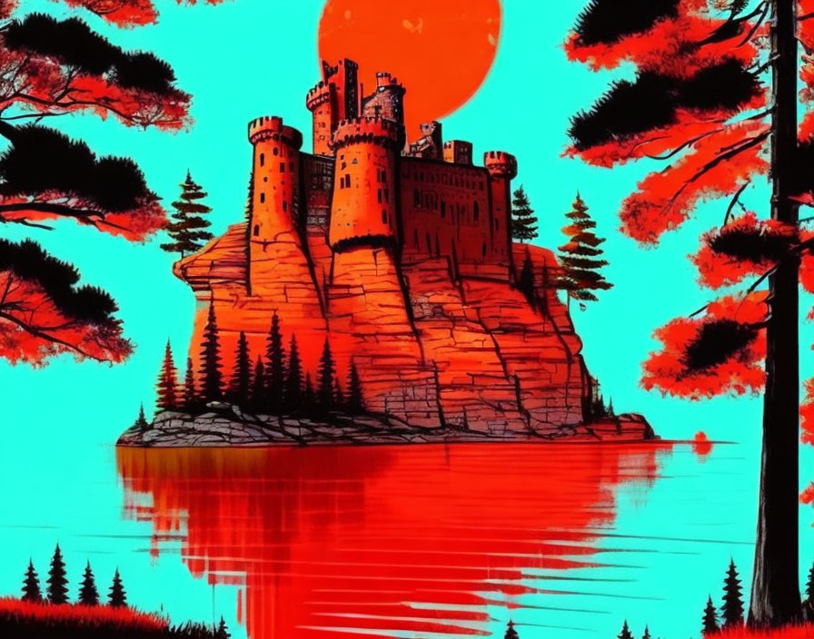 Digital artwork: Grand castle on cliff in forest under red sky