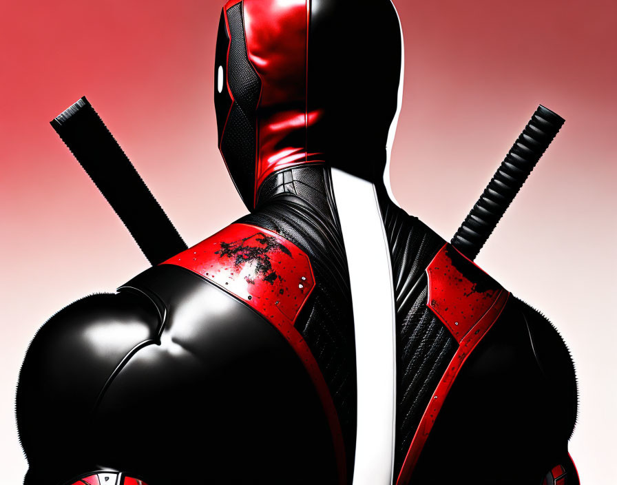 Character in red and black costume with katanas on back against red gradient background