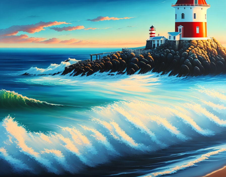 Lighthouse painting: rocky shore, crashing waves, colorful sunset