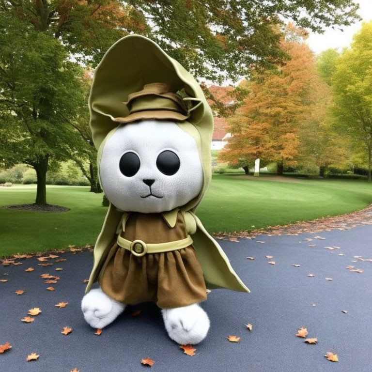 Plush Toy Rabbit in Detective Costume Among Autumn Leaves