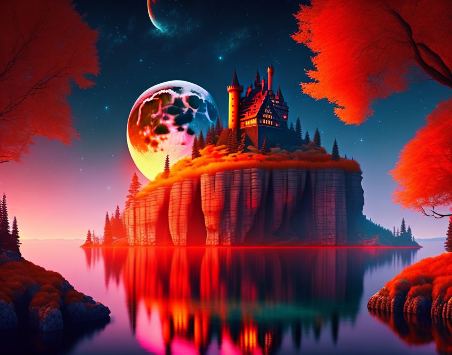 Fantastical castle island scene with red foliage, night sky, moon, and distant planet