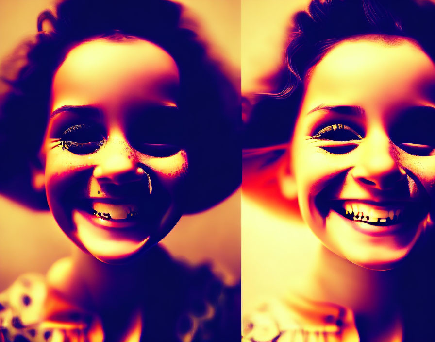 Stylized diptych featuring smiling girl with emphasized facial features