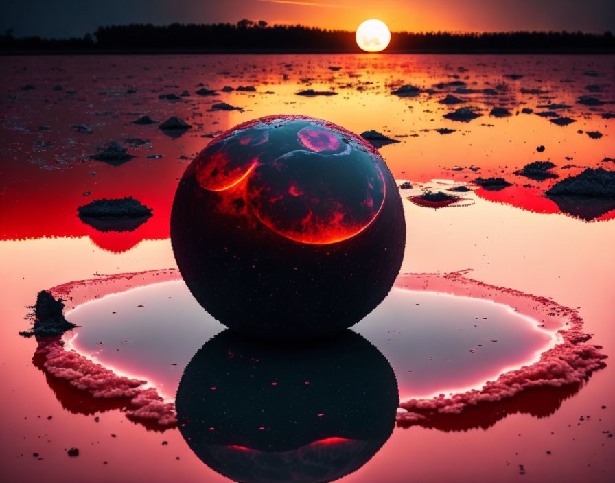 Fiery sphere on water surface at sunset with reflections