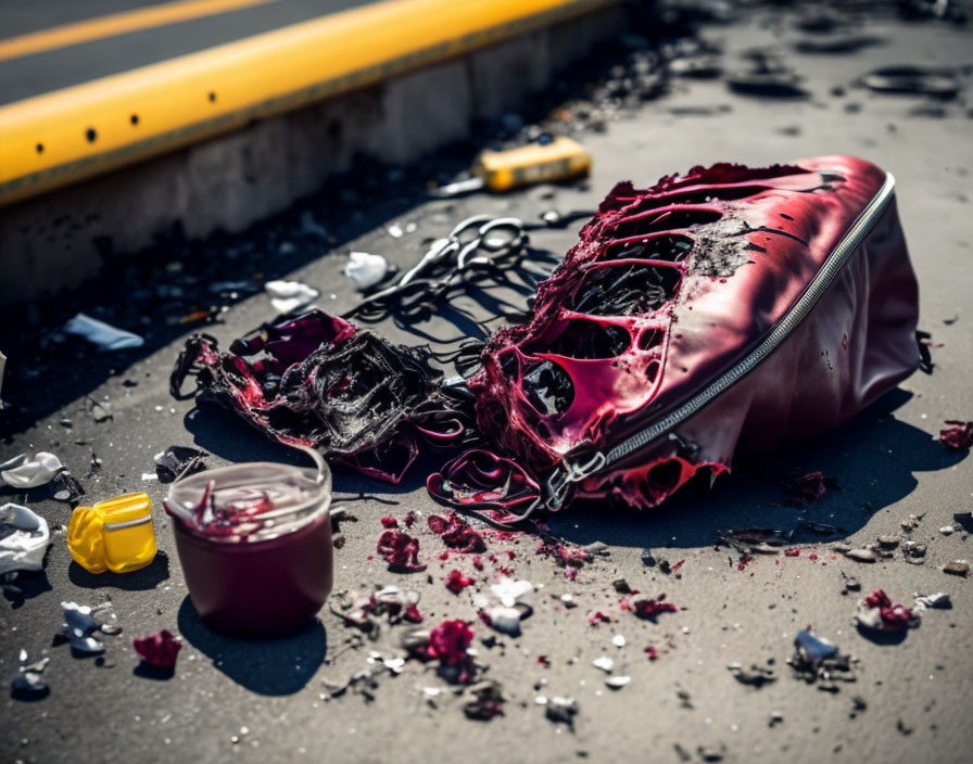 Scattered red bag contents: yellow lid jar, cables, white objects