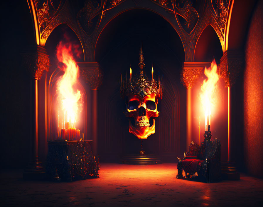 Gothic chamber with skull, crown, flames, and candles