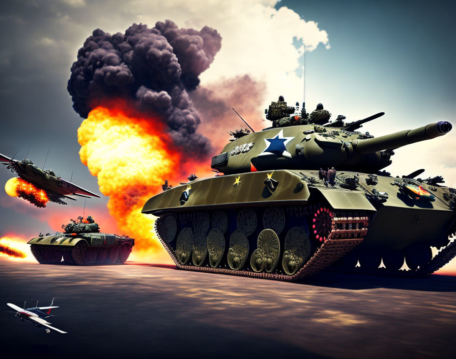 Dramatic battlefield scene with tanks, explosion, and combat aircraft.