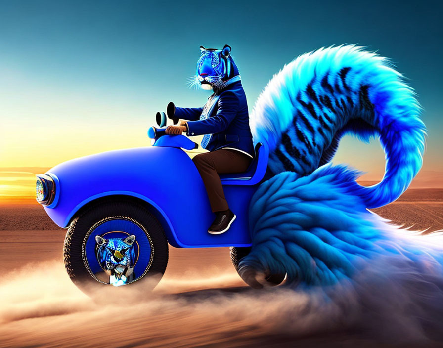 Blue anthropomorphic tiger in suit on motorcycle in desert sunset