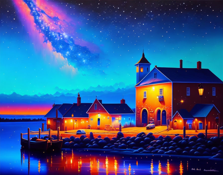 Vibrant lakeside settlement at night with illuminated buildings, dock, serene lake, starry sky