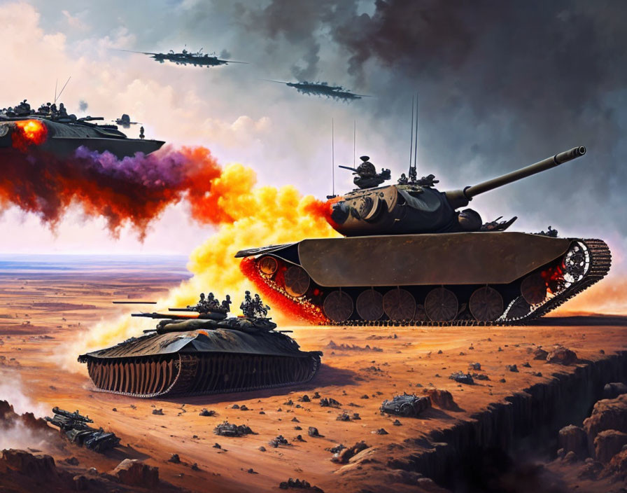 Futuristic battle scene with tanks, explosions, and flying vehicles