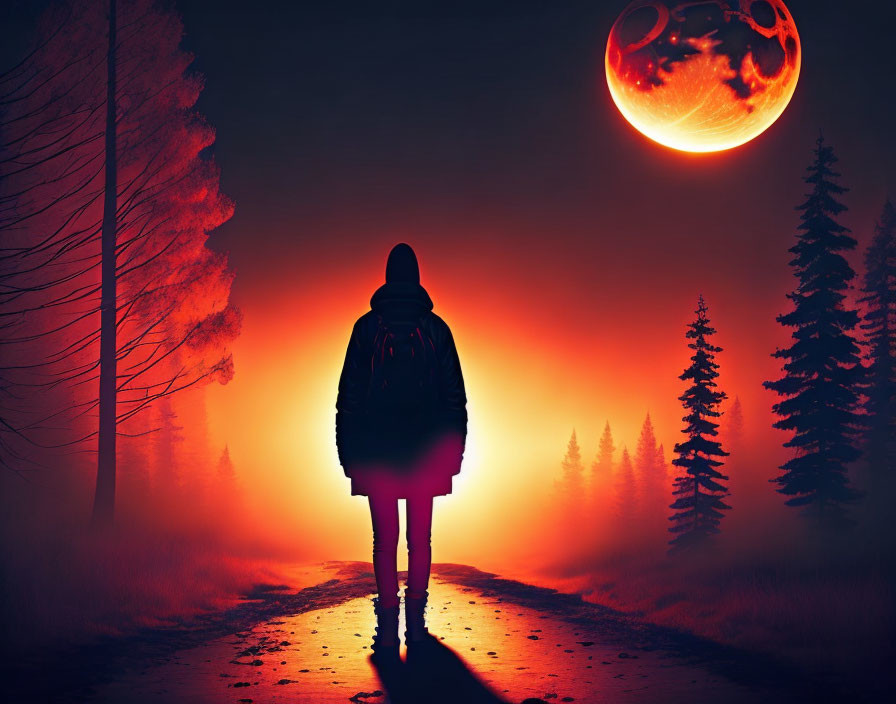 Person silhouette faces red moon in surreal fiery landscape