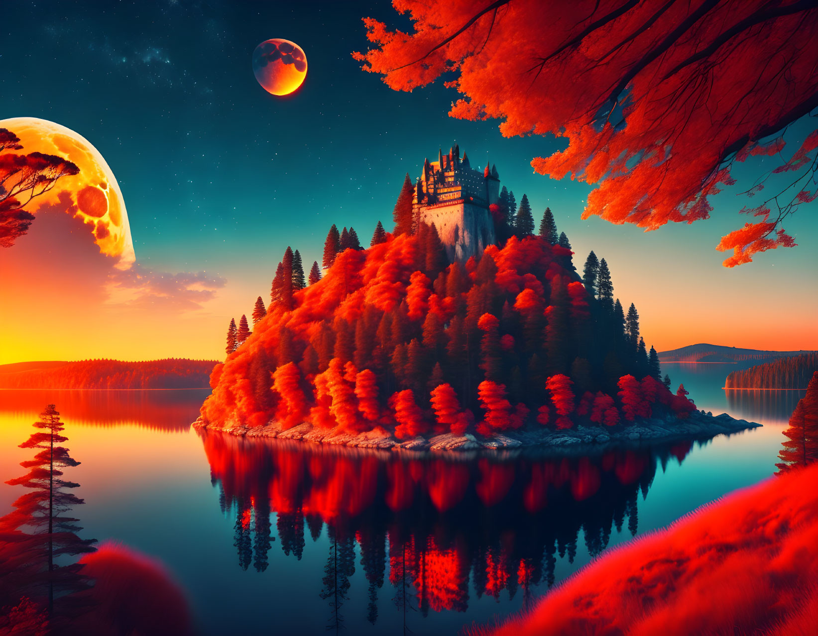 Fantasy landscape: island castle, autumn trees, twilight sky, moon, planet