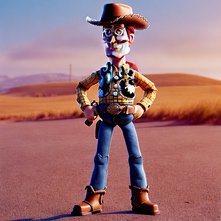 Confident 3D animated cowboy in desert landscape.