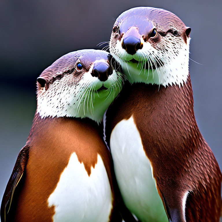 Two otters nuzzling cheek in close-up shot