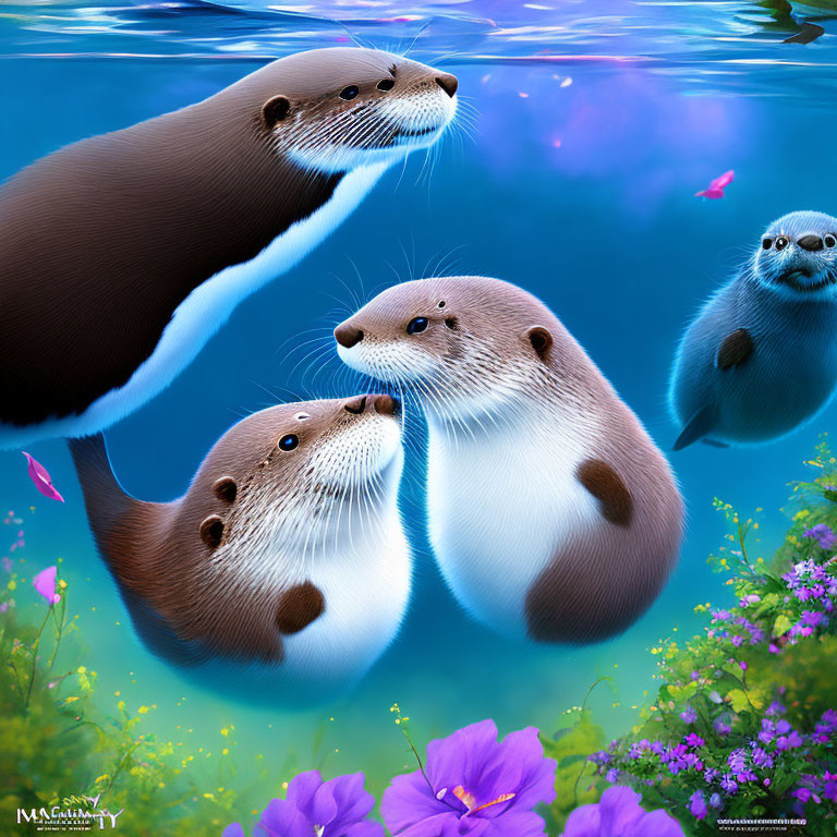 Four animated otters floating in blue water with purple flowers and greenery