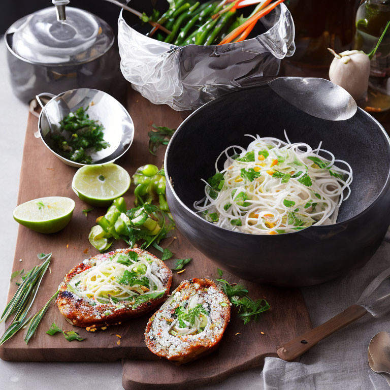 Rice Noodles with Grilled Chicken and Fresh Vegetables on Wooden Board